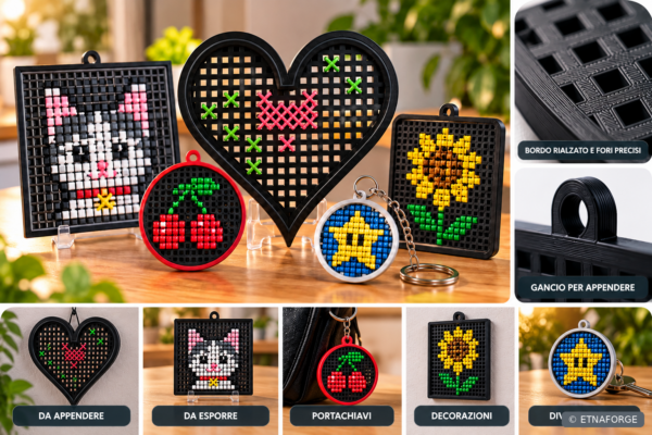ETNAFORGE - Esempi illustrativi di decorazioni e portachiavi personalizzati con griglie per punto croce
